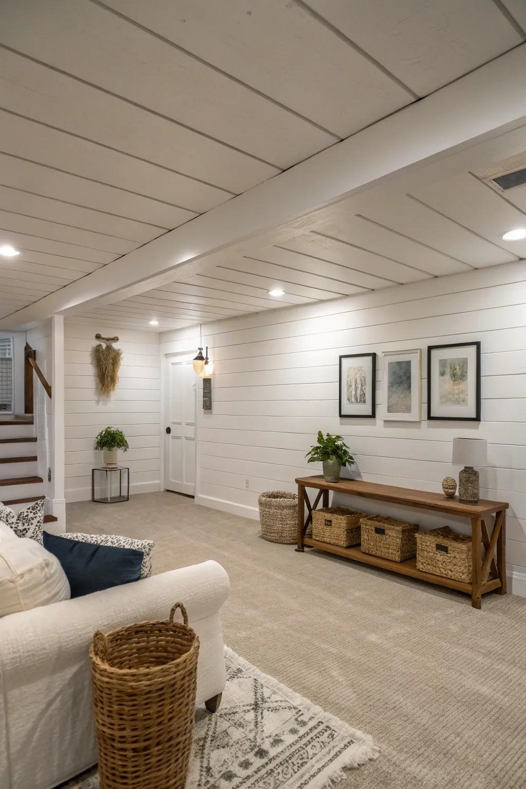 A basement featuring traditional white grooveboard walls and minimalist ornamentation.