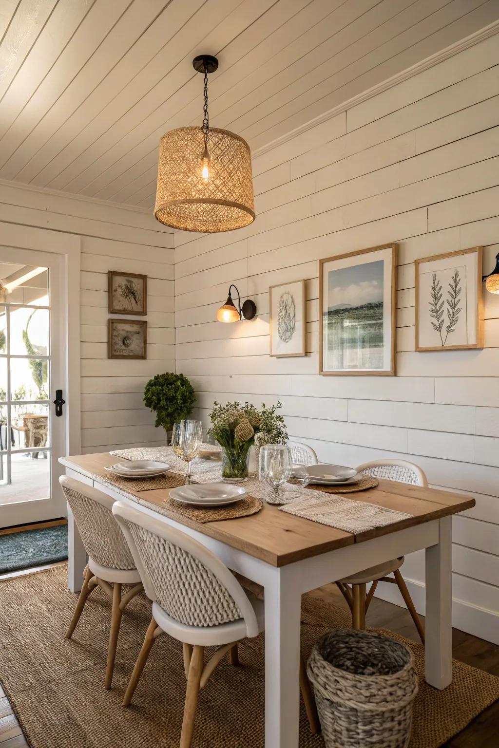 A dining space showcasing traditional white shiplap walls and understated decor.