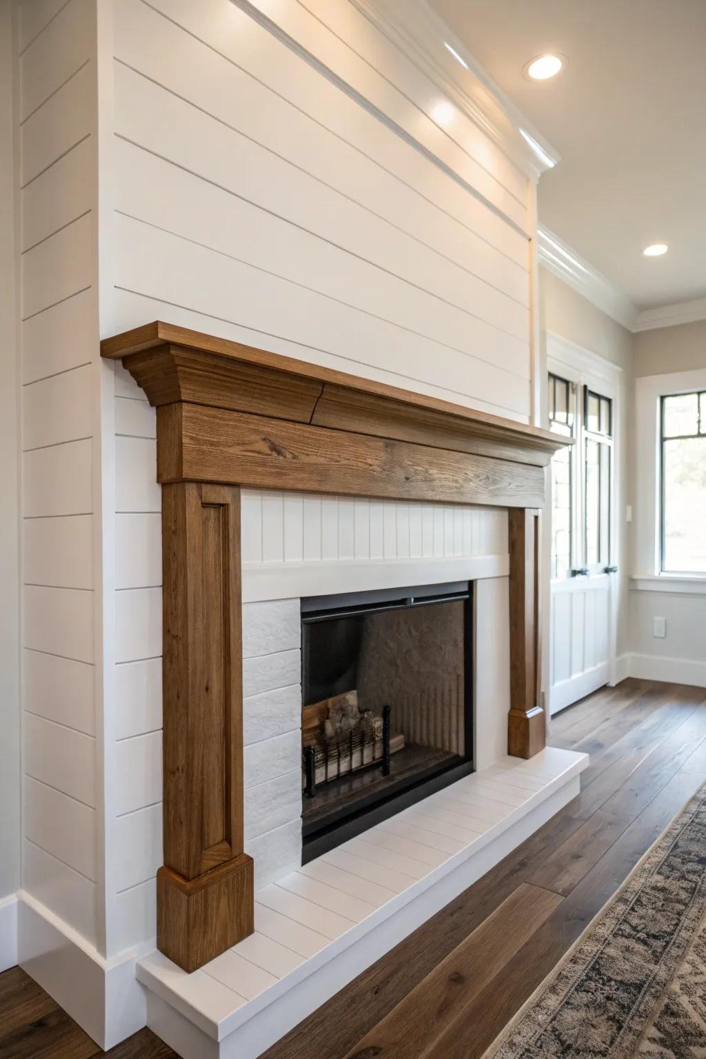 A timeless white shiplap fireplace brings a sense of brightness and sophistication to any space.