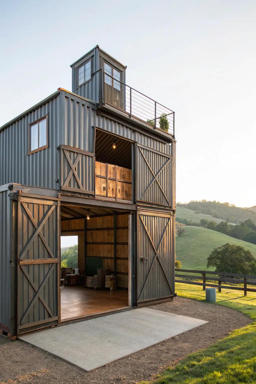 A multi-story shipping container barn demonstrating modular architecture.