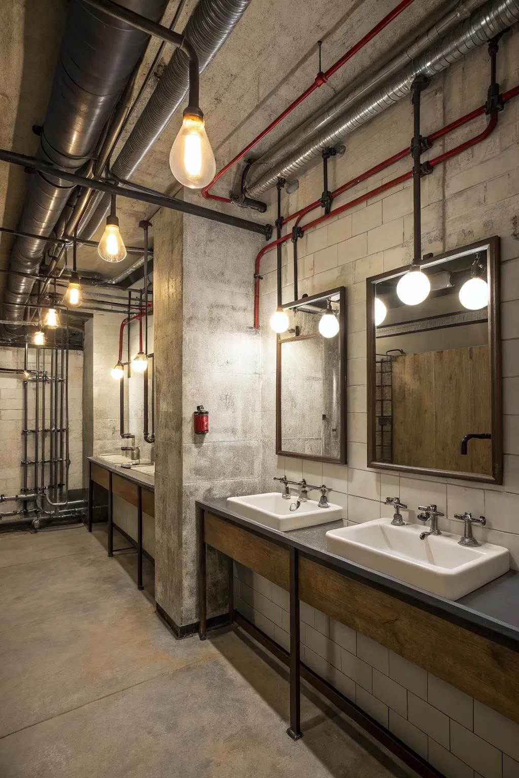 Urban-inspired components with metal pipes and illumination.