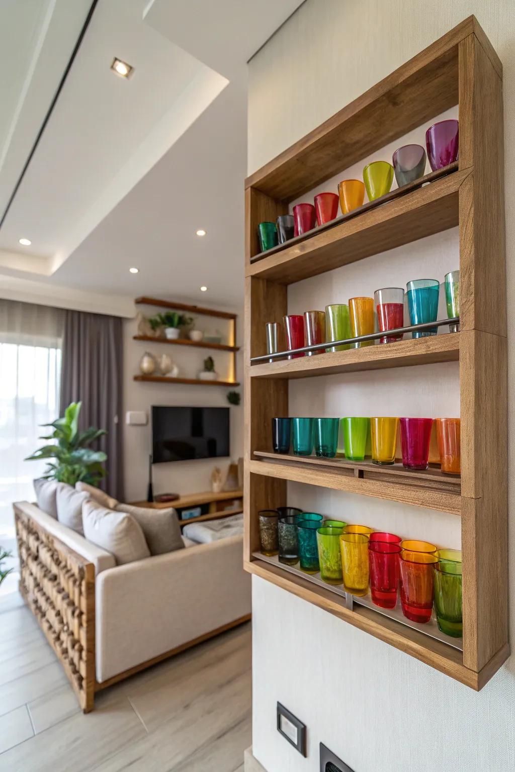 A modern lounge showcasing a wooden shelf attached to the wall, embellished with vibrant shot glasses.