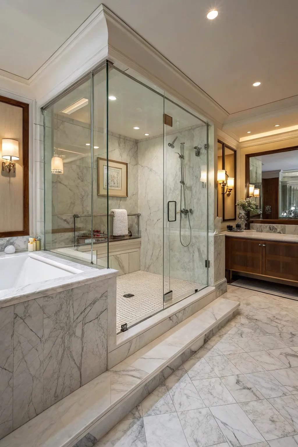Marble shower curbs lend an air of sophistication and consistency to any bathroom aesthetic.