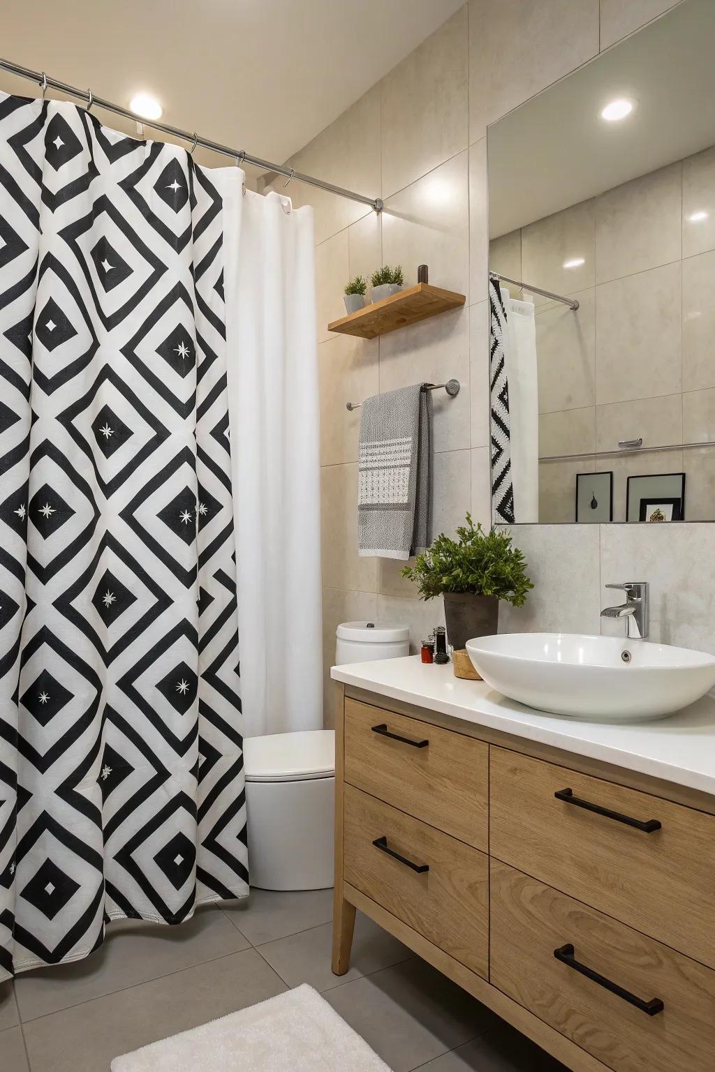 Bold geometric patterns are a stylish way to energize your bathroom.