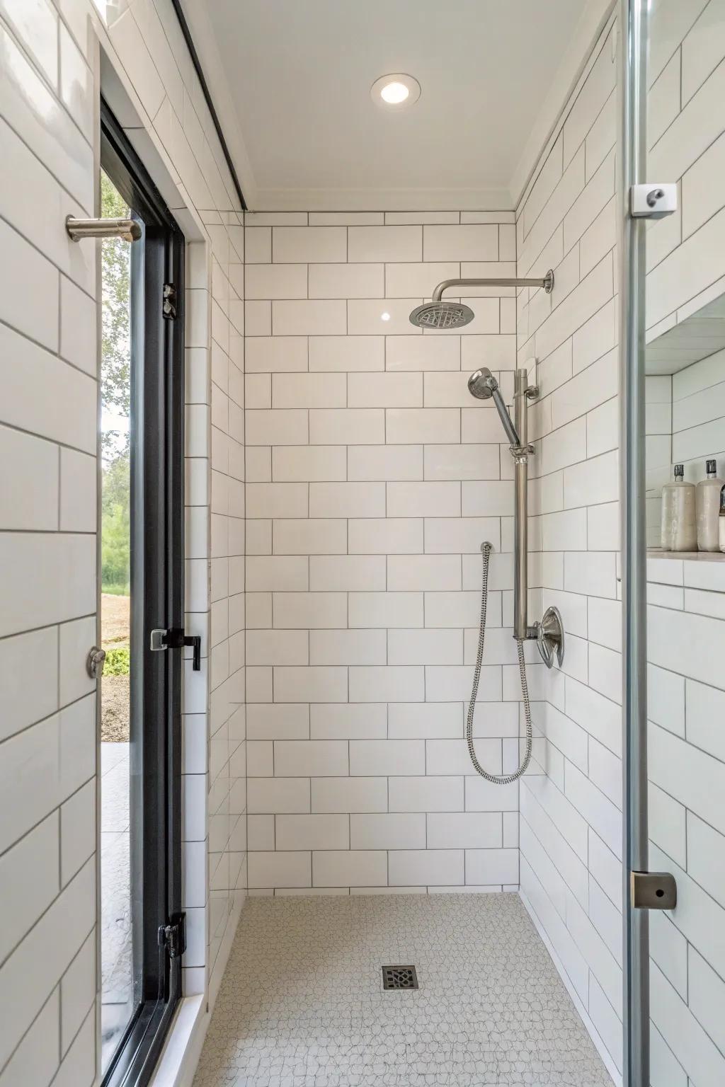 A minimalist shower featuring unadorned lines and white tiles.