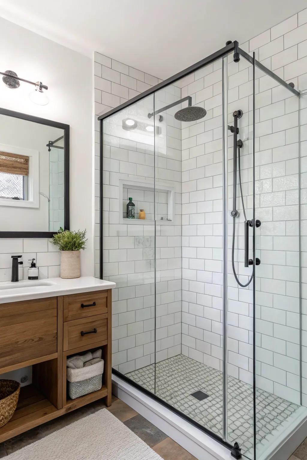 A minimalist frameless glass shower enclosure enhances this modern bathroom.
