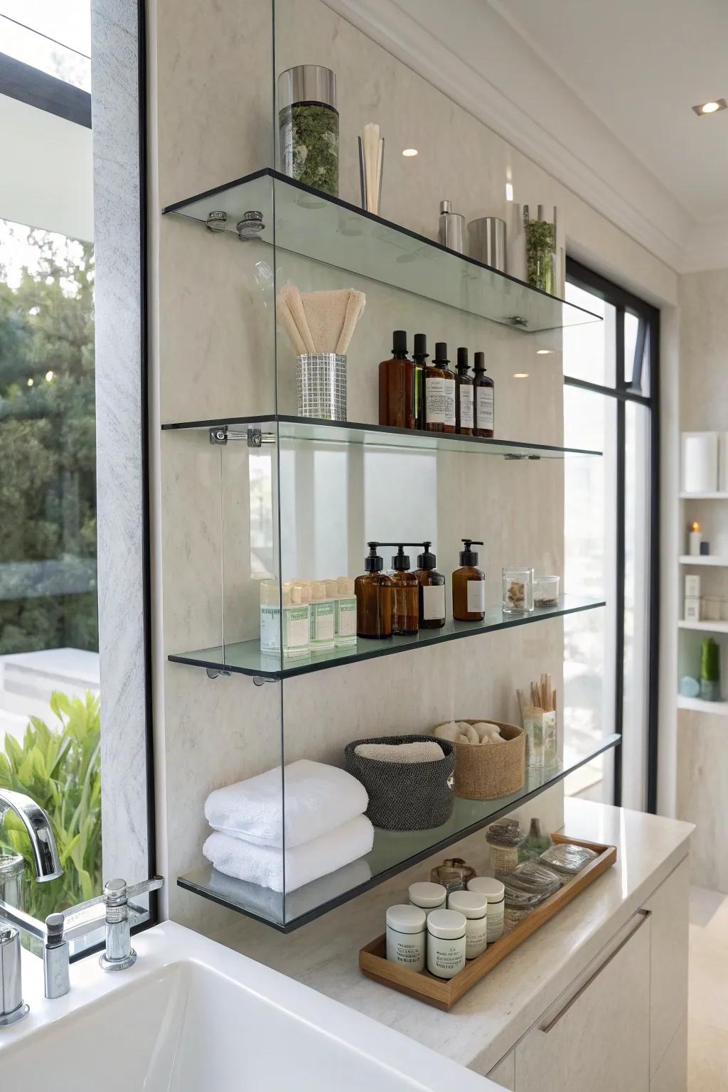 Floating glass shelves are a minimalist and chic storage choice.