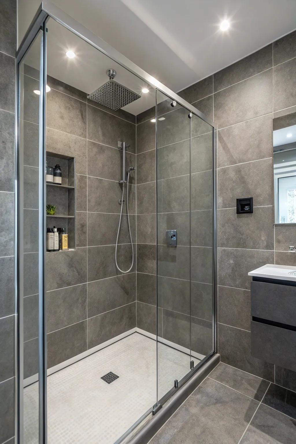 Elegant grey tiles for a contemporary shower atmosphere.