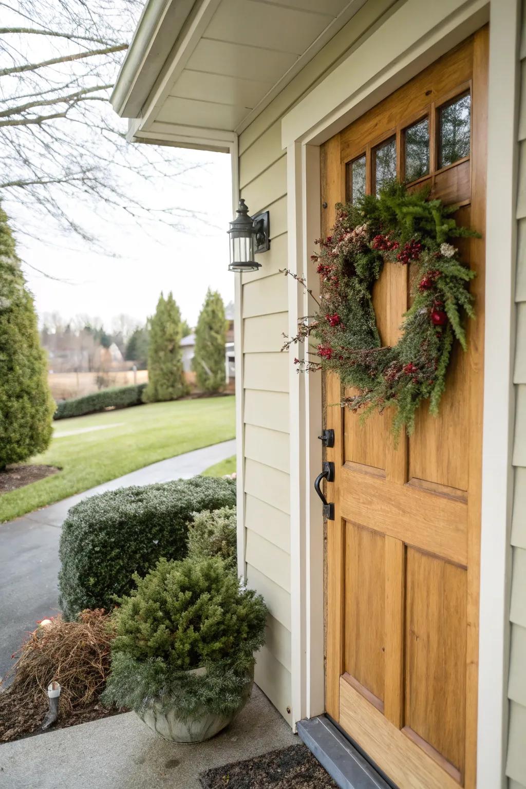 A side door decorated with a gorgeous seasonal garland.