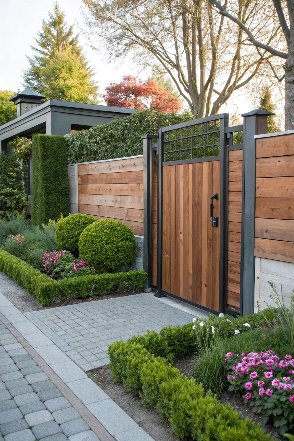A side gate showcasing a beautiful blend of wood and metal for a streamlined appearance.
