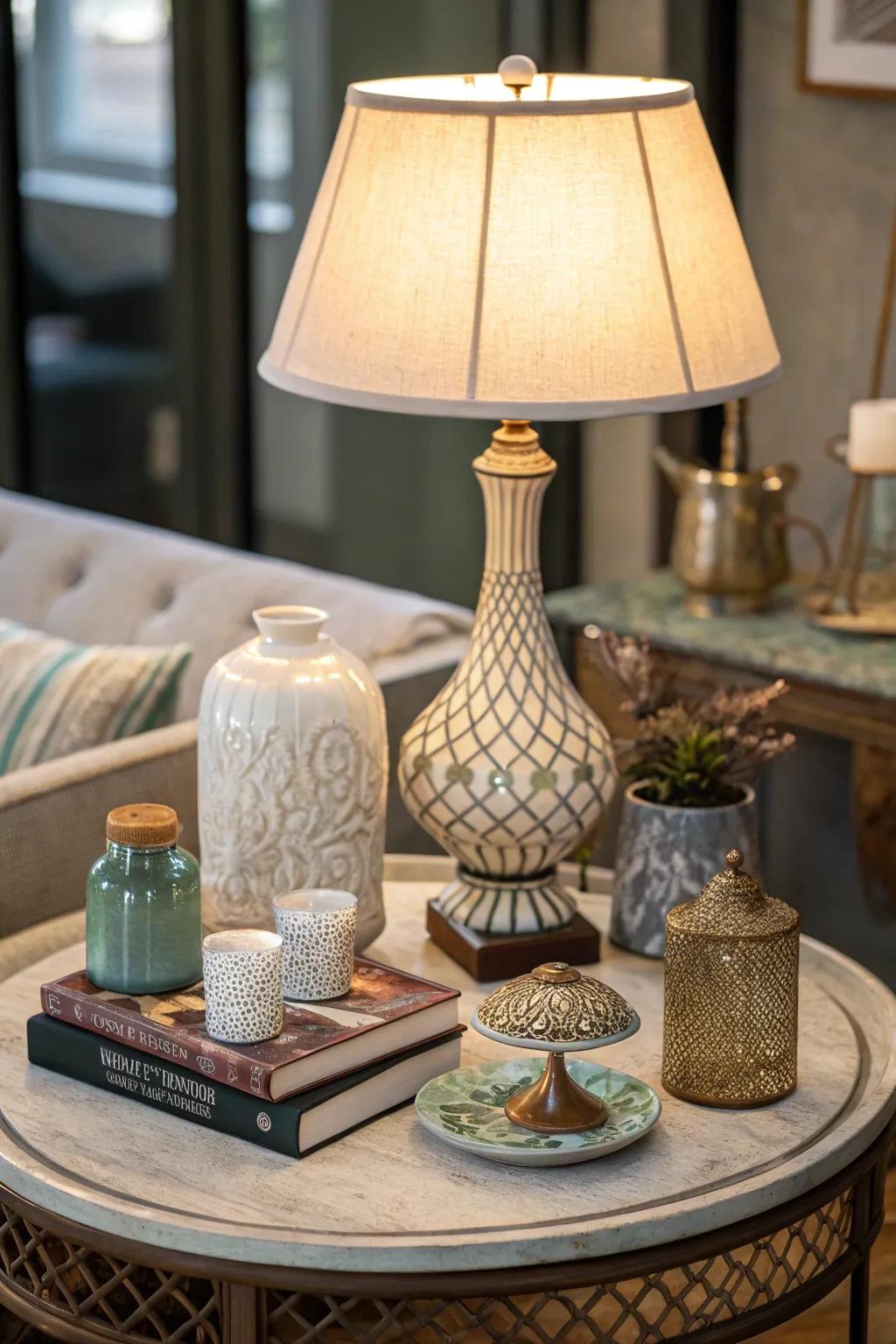 A side table showcasing a unique table lamp and refined decor.