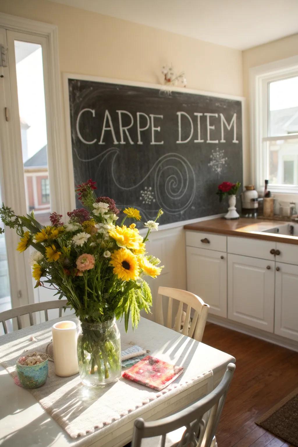 A kitchen chalkboard showcasing the phrase 'Carpe Diem'.