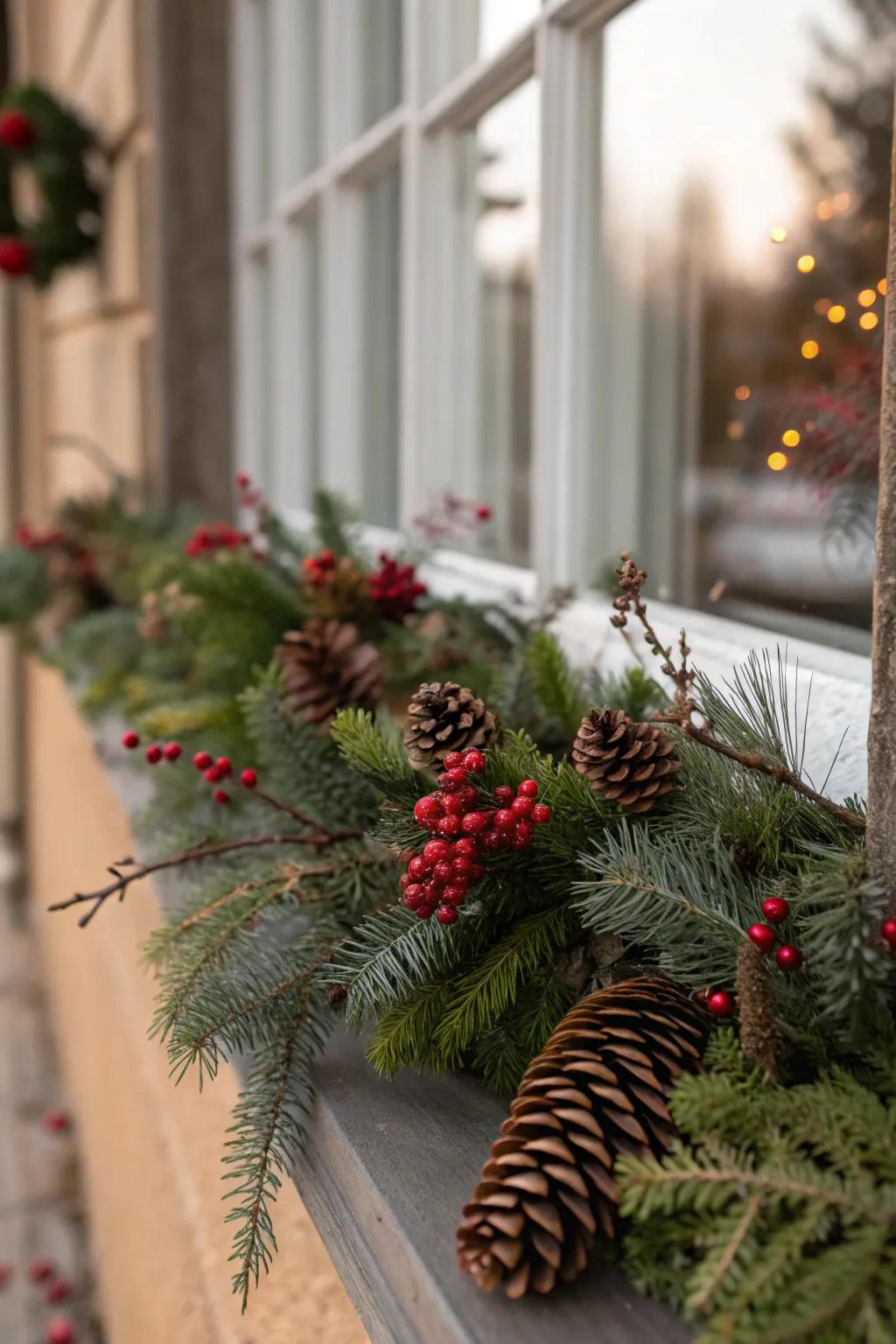 Invite nature inside with a natural evergreen sprig window presentation.