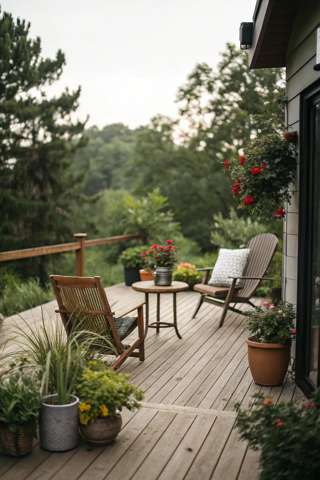 A plain timber deck enhanced with green potted plants results in a peaceful open-air getaway.