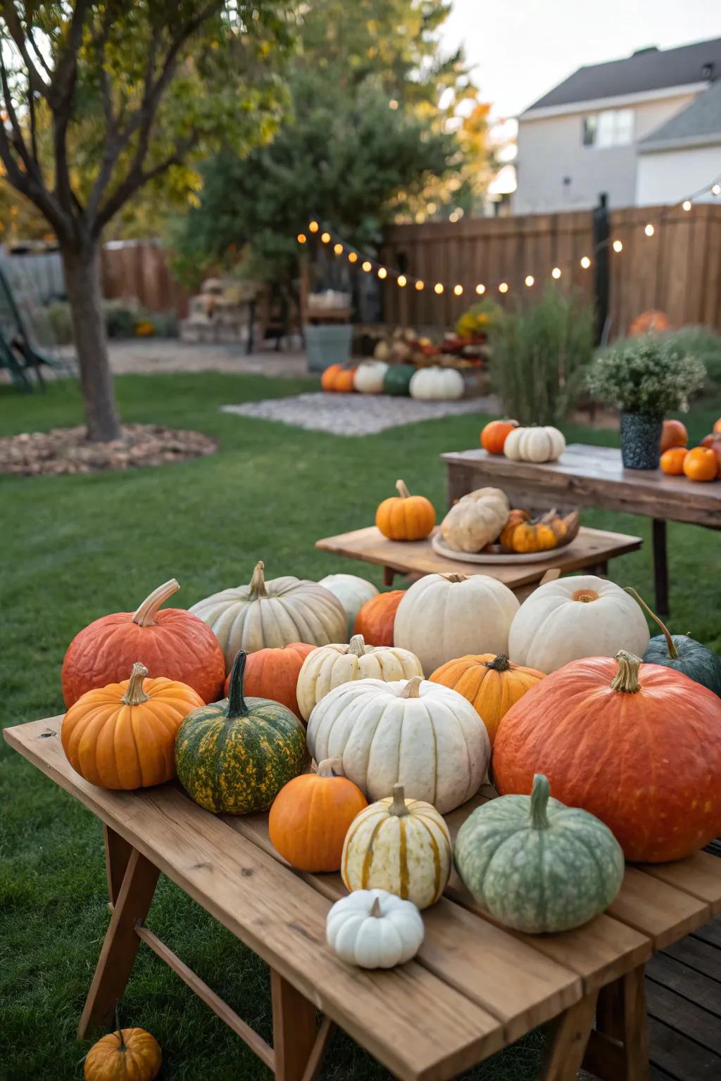 Gourds in various colors, arranged to create an appealing autumnal view.