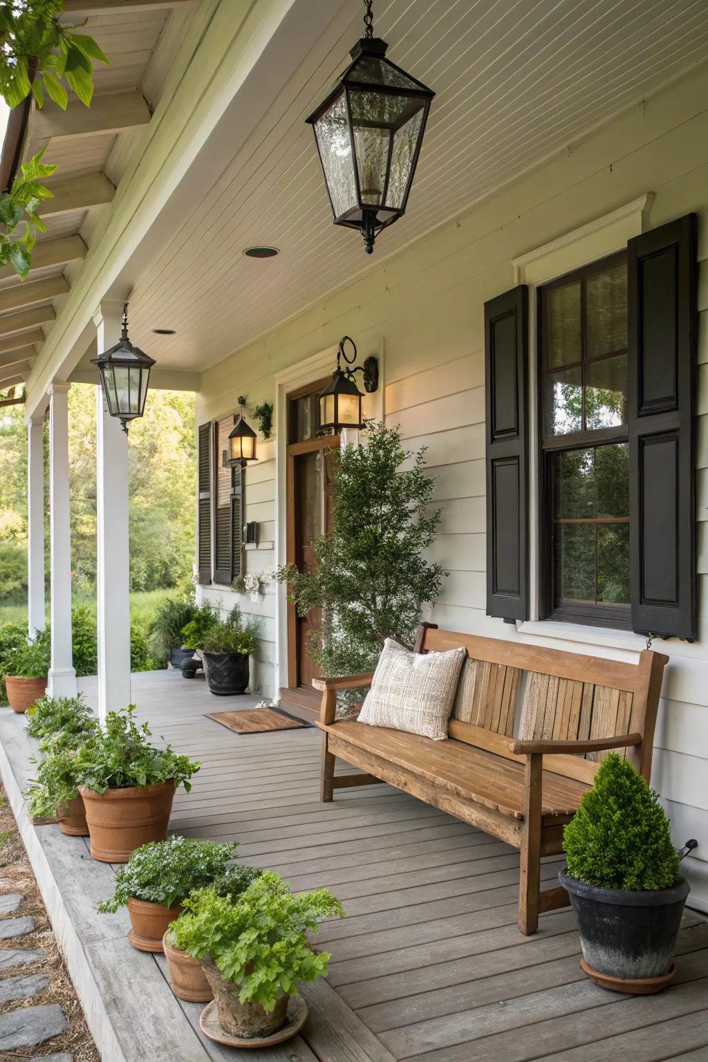 An inviting farmhouse front porch beckoning you to pause and unwind.