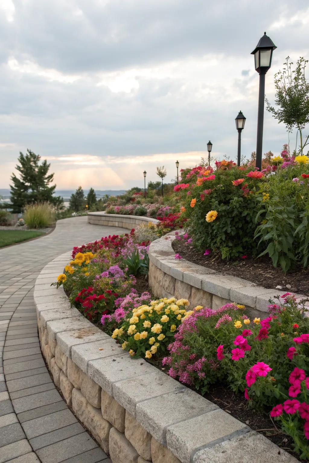 Curved stone borders impart a fluid and natural quality to this flower bed.