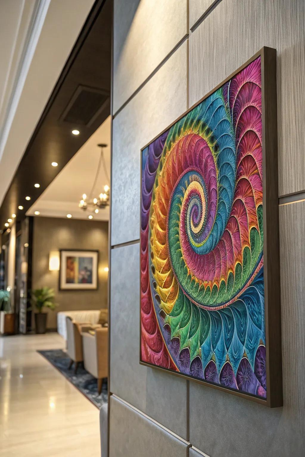 A vibrant spiral fractal artwork introduces dimension and motion to your interior design.
