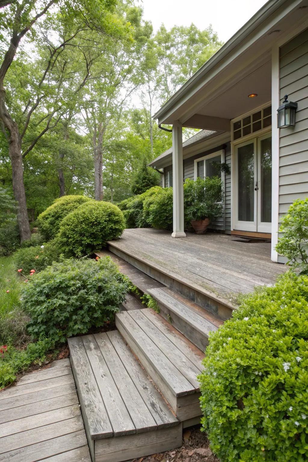 Simple wood steps add a natural charm to the home's entrance.