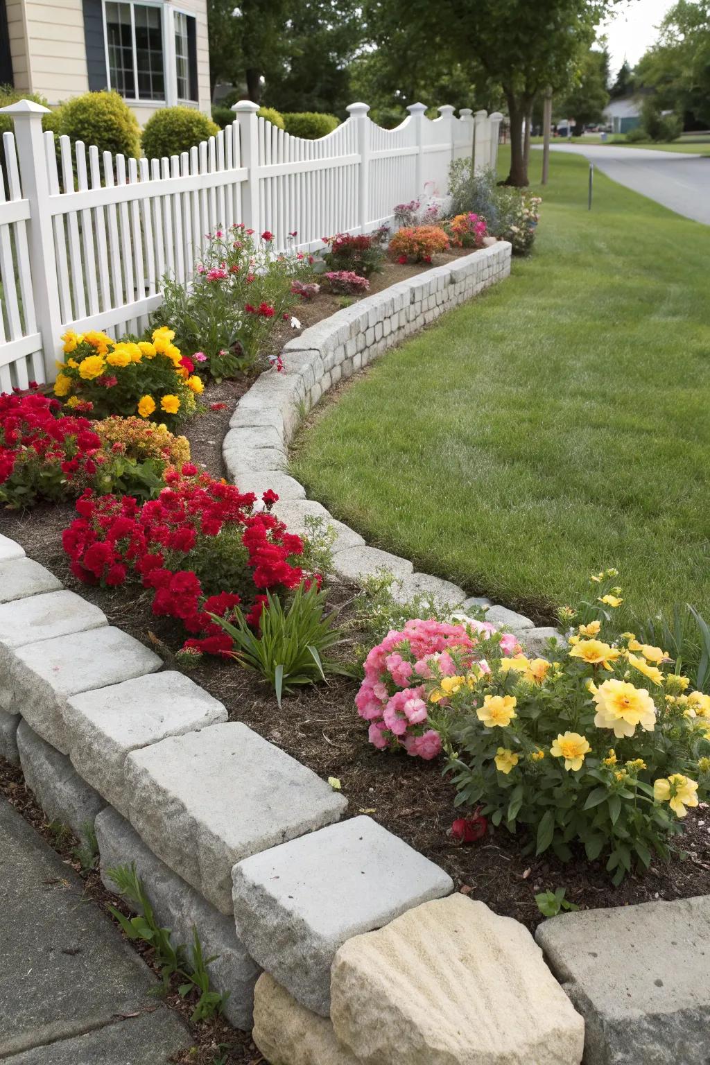 Tidy edging with stones crafts a neat flower bed.