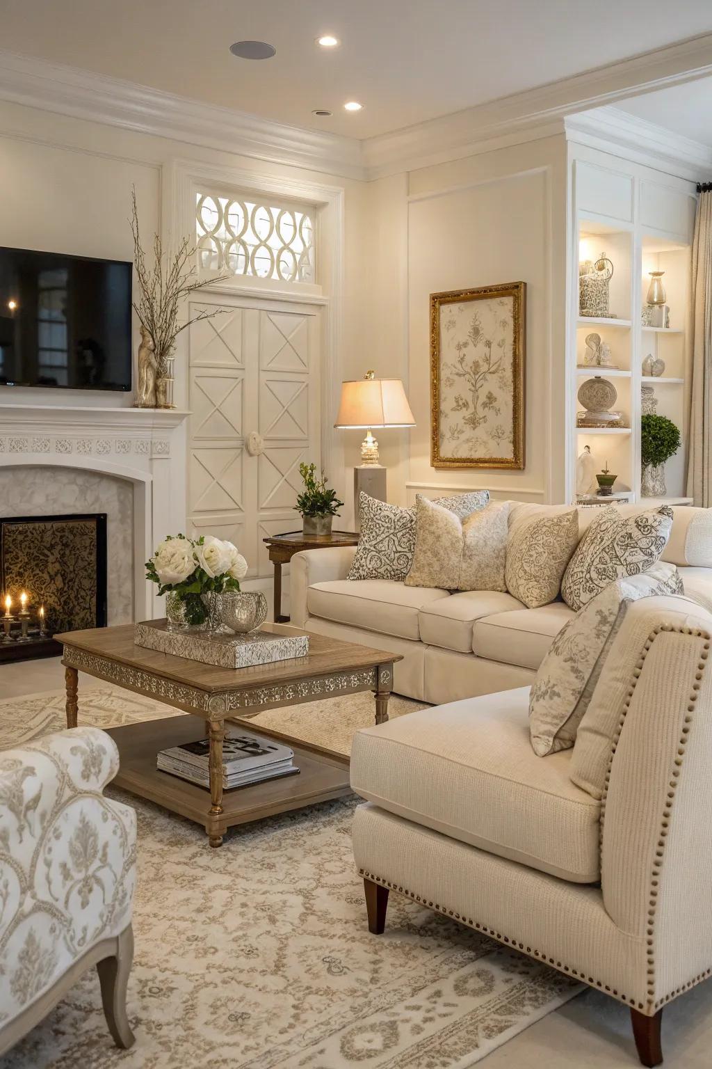 A neutral color palette creates a serene and versatile living room atmosphere.