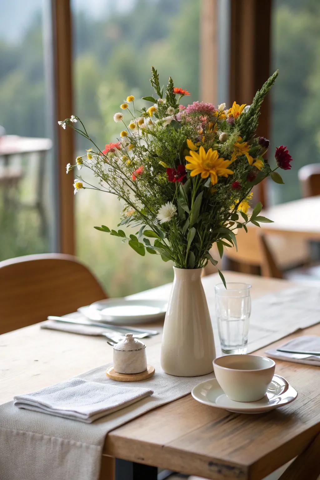 A fresh floral centerpiece injects vibrant energy into the lunch table.