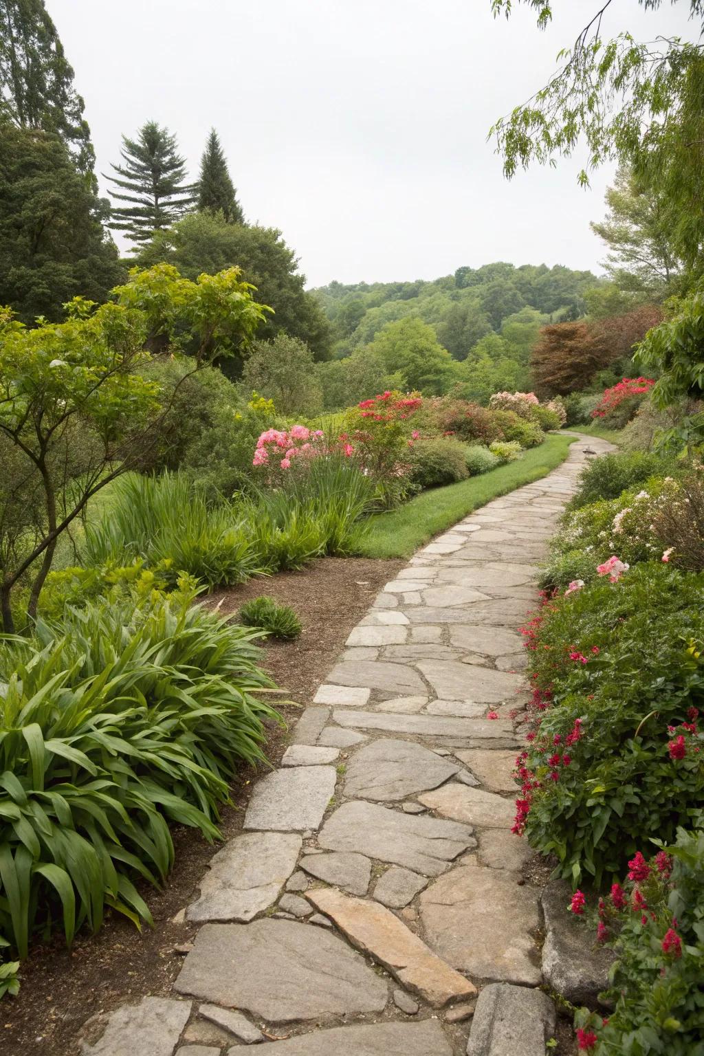 Rock borders contribute structure and refinement to garden environments.