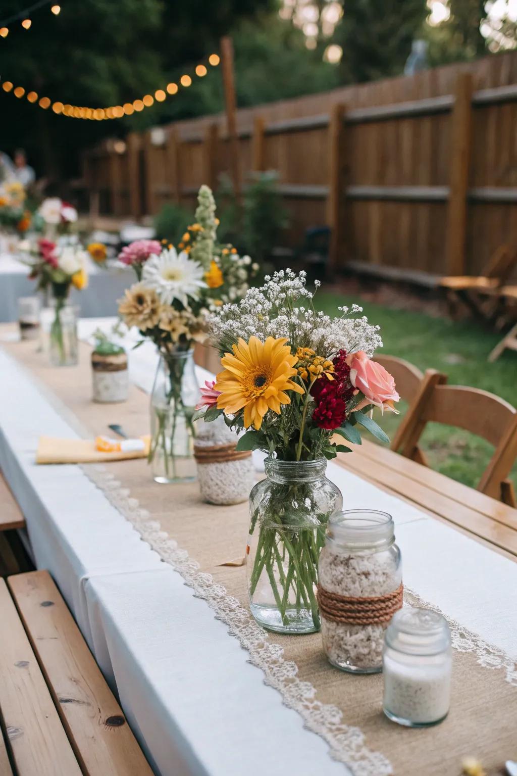 Preserve jars filled with seasonal blooms create charming wedding centerpieces.