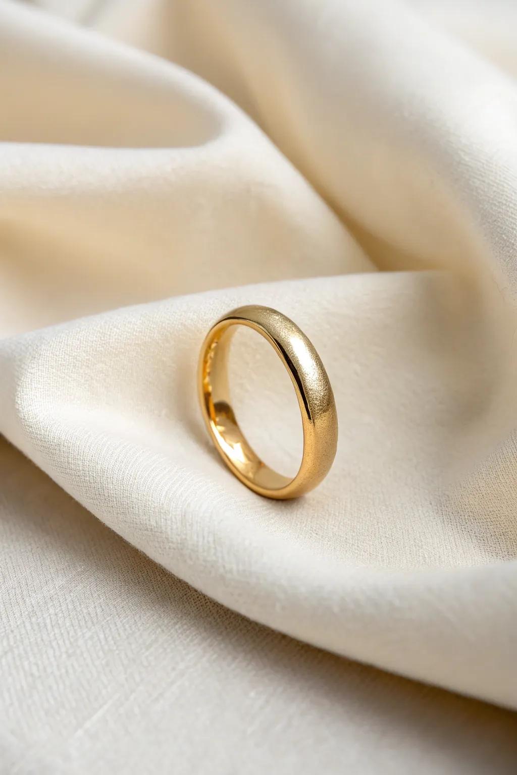 A polished and classic simple gold ring gracefully resting on a soft textile.