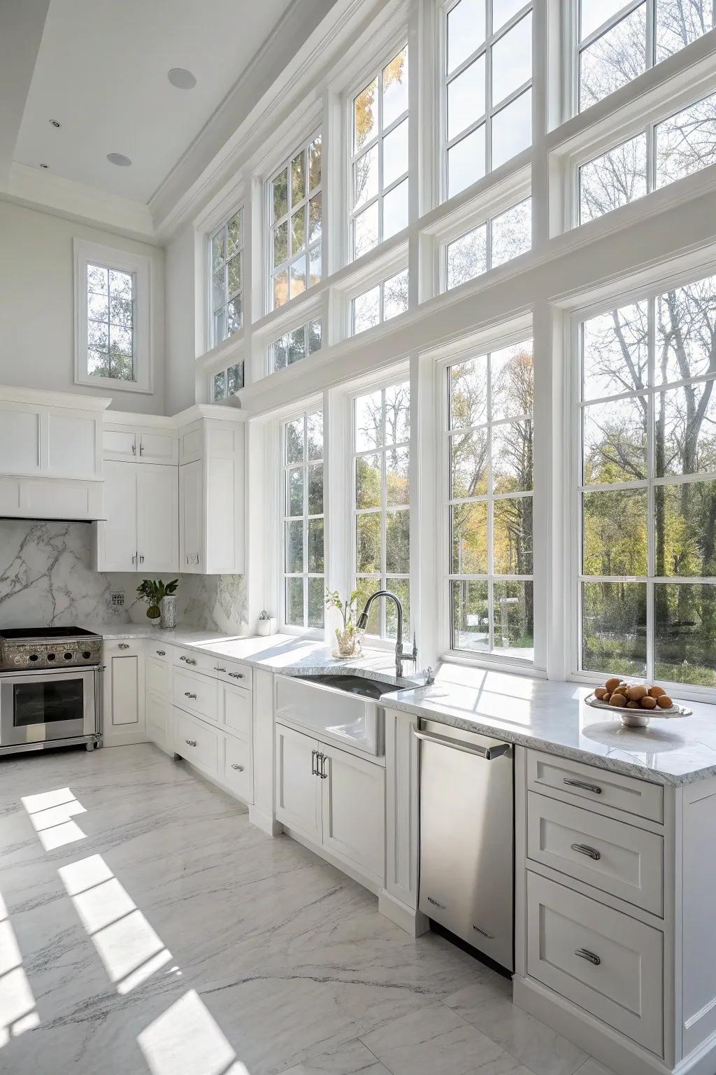 A white kitchen drenched in natural light streaming through expansive windows.