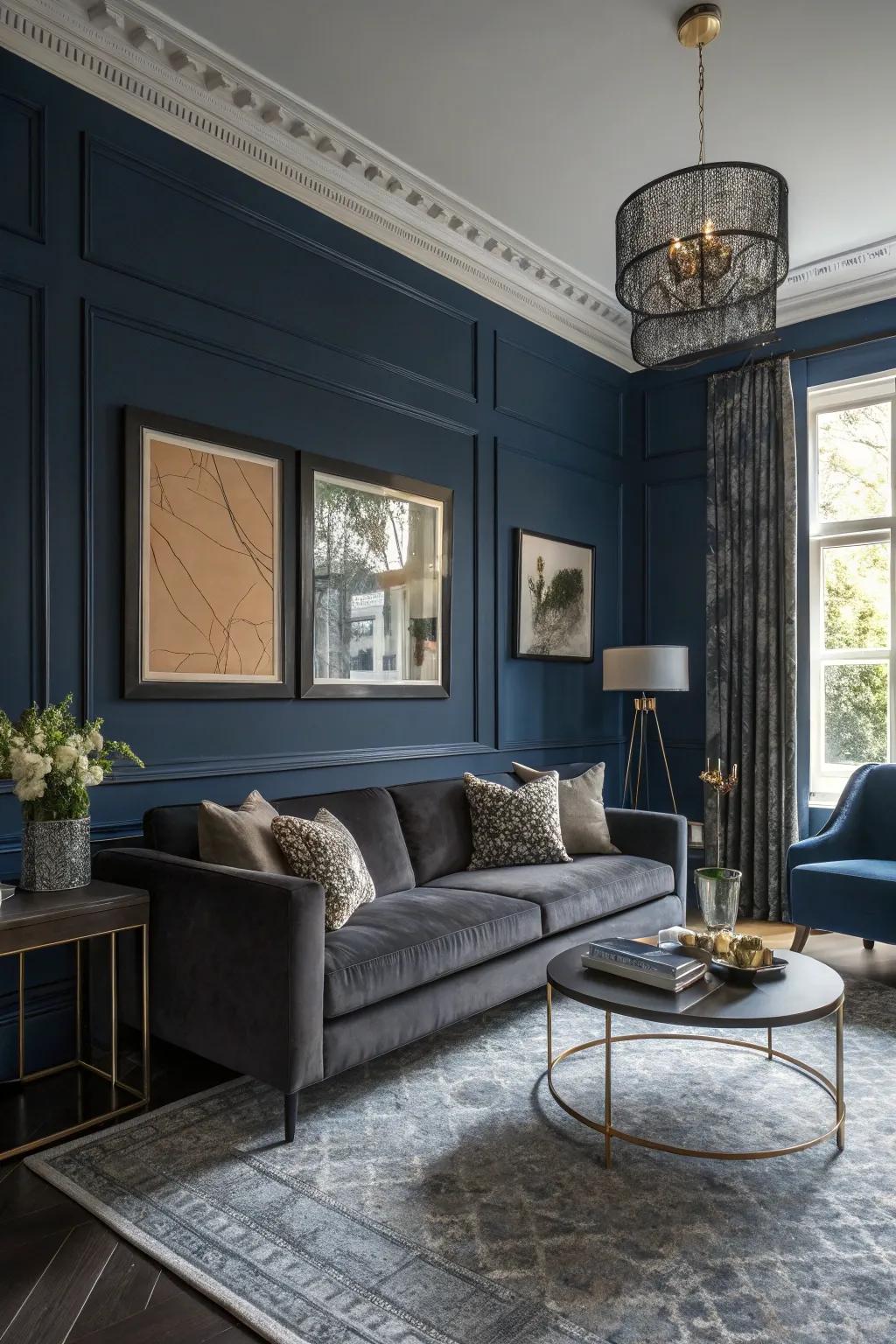 A living room showcasing the sophistication of a dark color scheme.