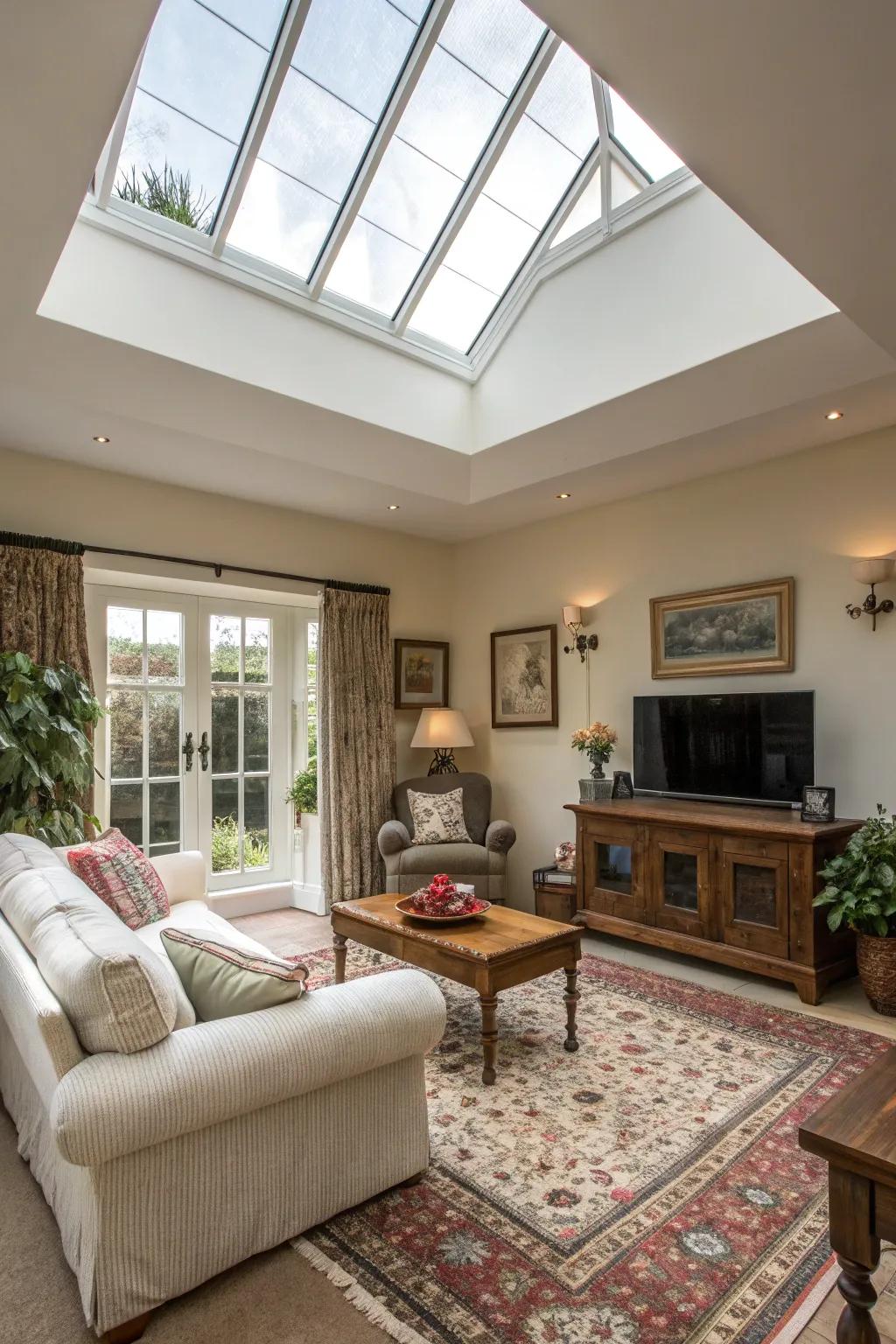A comfortable living room is enhanced by a spacious skylight.