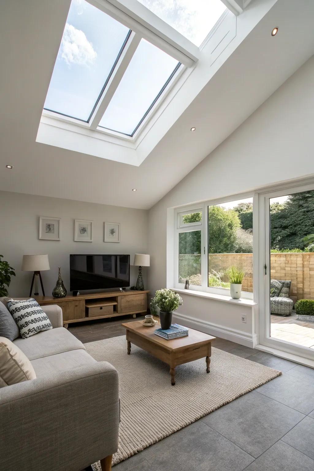A minimalist living space featuring a skylight with a sleek border.