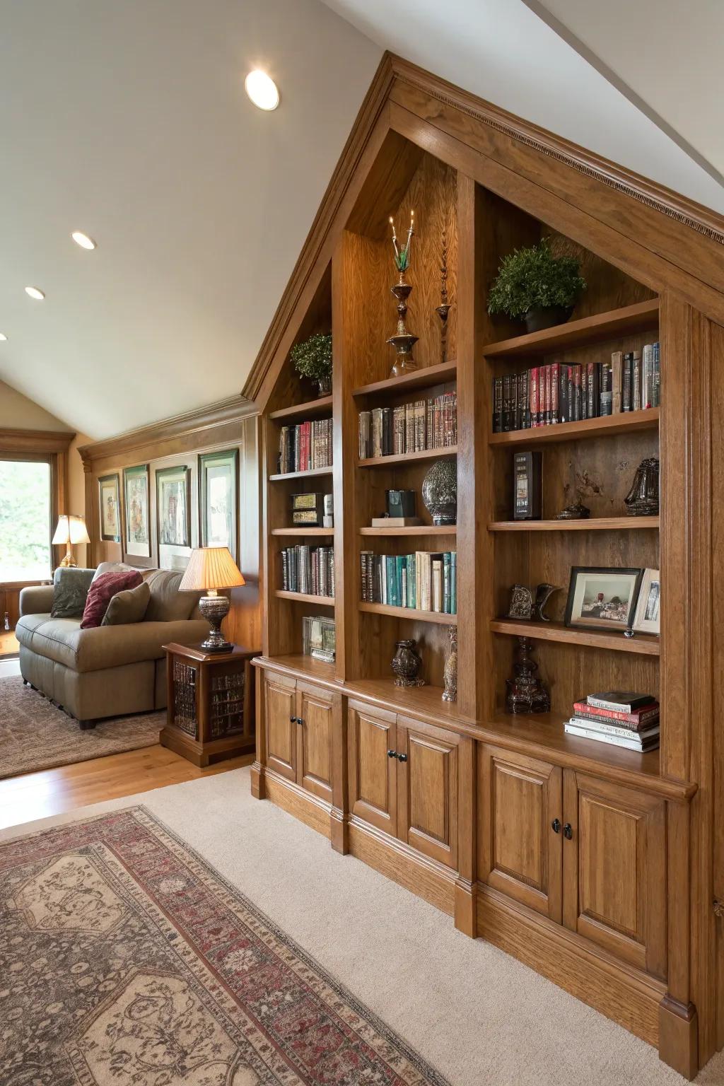 Custom-made built-in shelves flawlessly integrated into sloping walls.