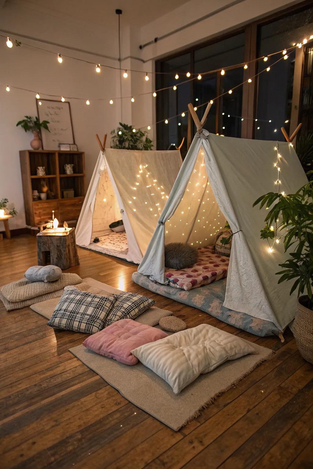 Welcome the beauty of the outdoors inside with a cozy indoor camping arrangement.