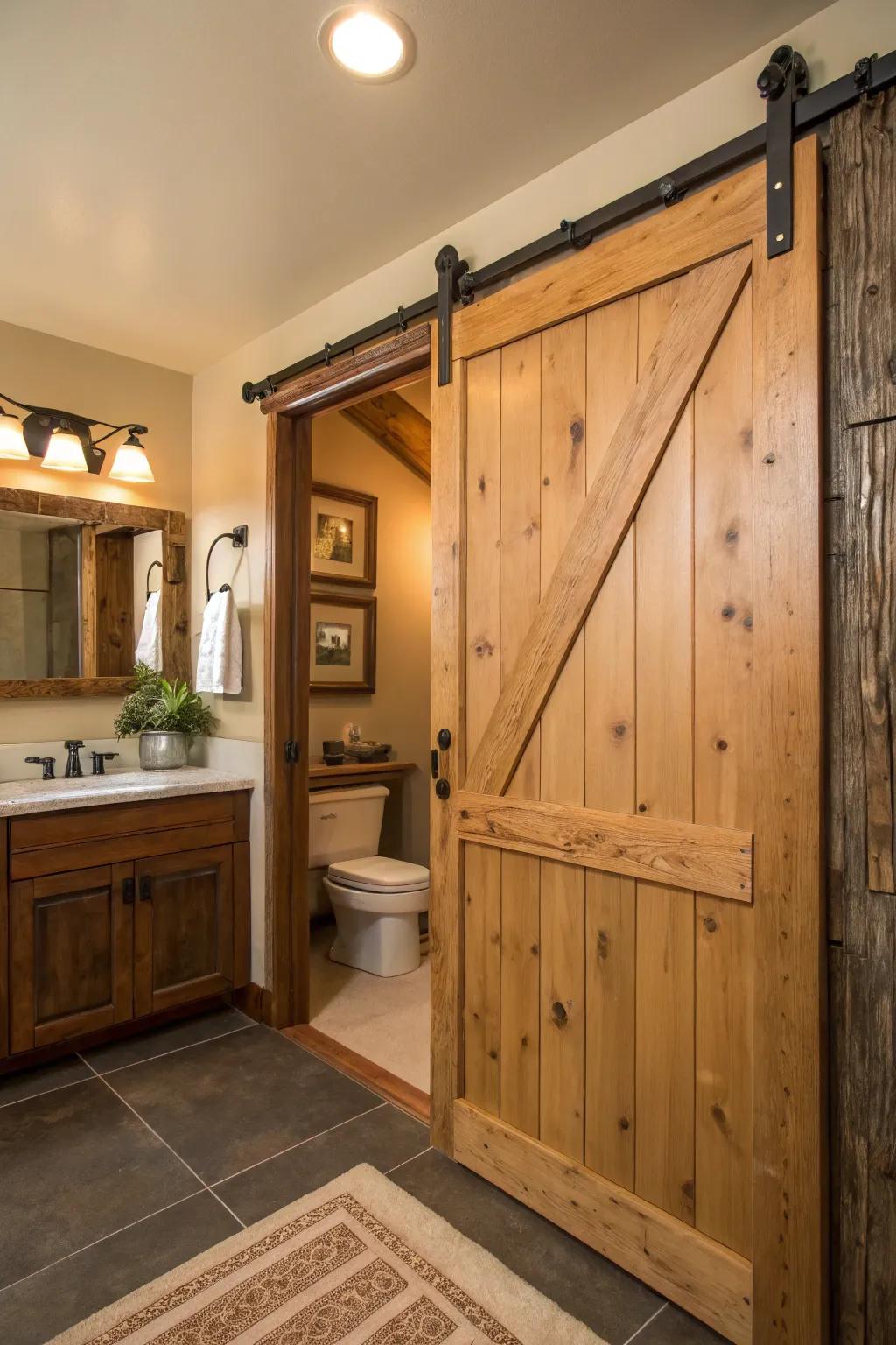 A rustic barn-style sliding door gives this cozy bathroom a touch of warmth and charm.