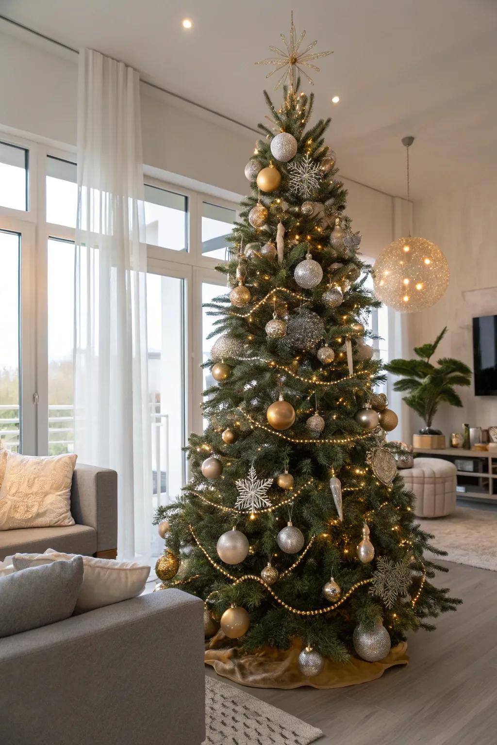 Gleaming ornaments impart sophistication to a slender Christmas tree.