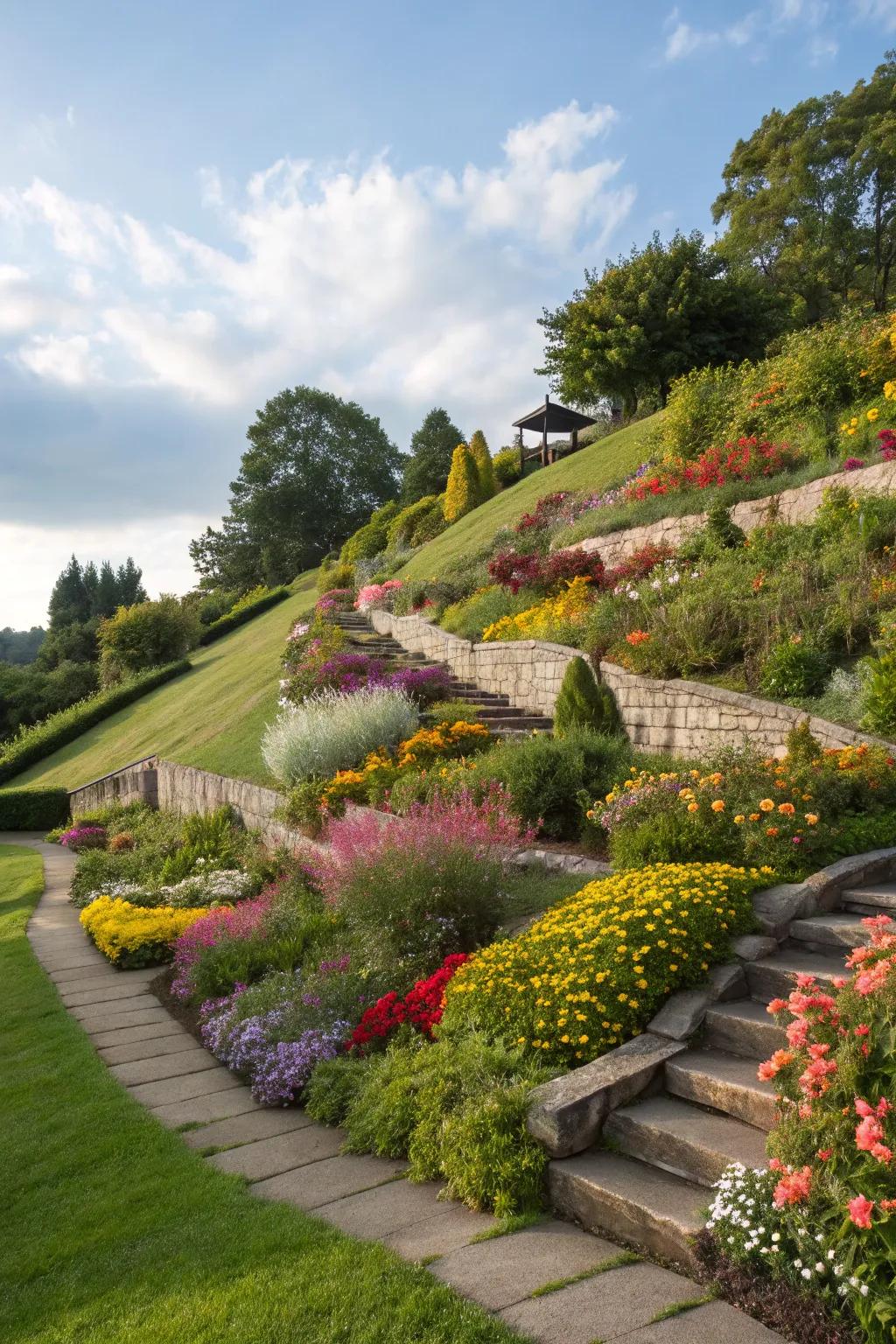 Tiered garden beds introduce dimension and organization to this delightful slope.