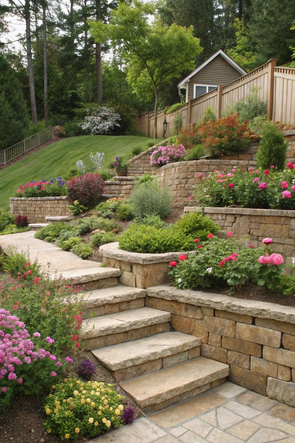 Tiered levels delineate separate garden spaces on a slope.