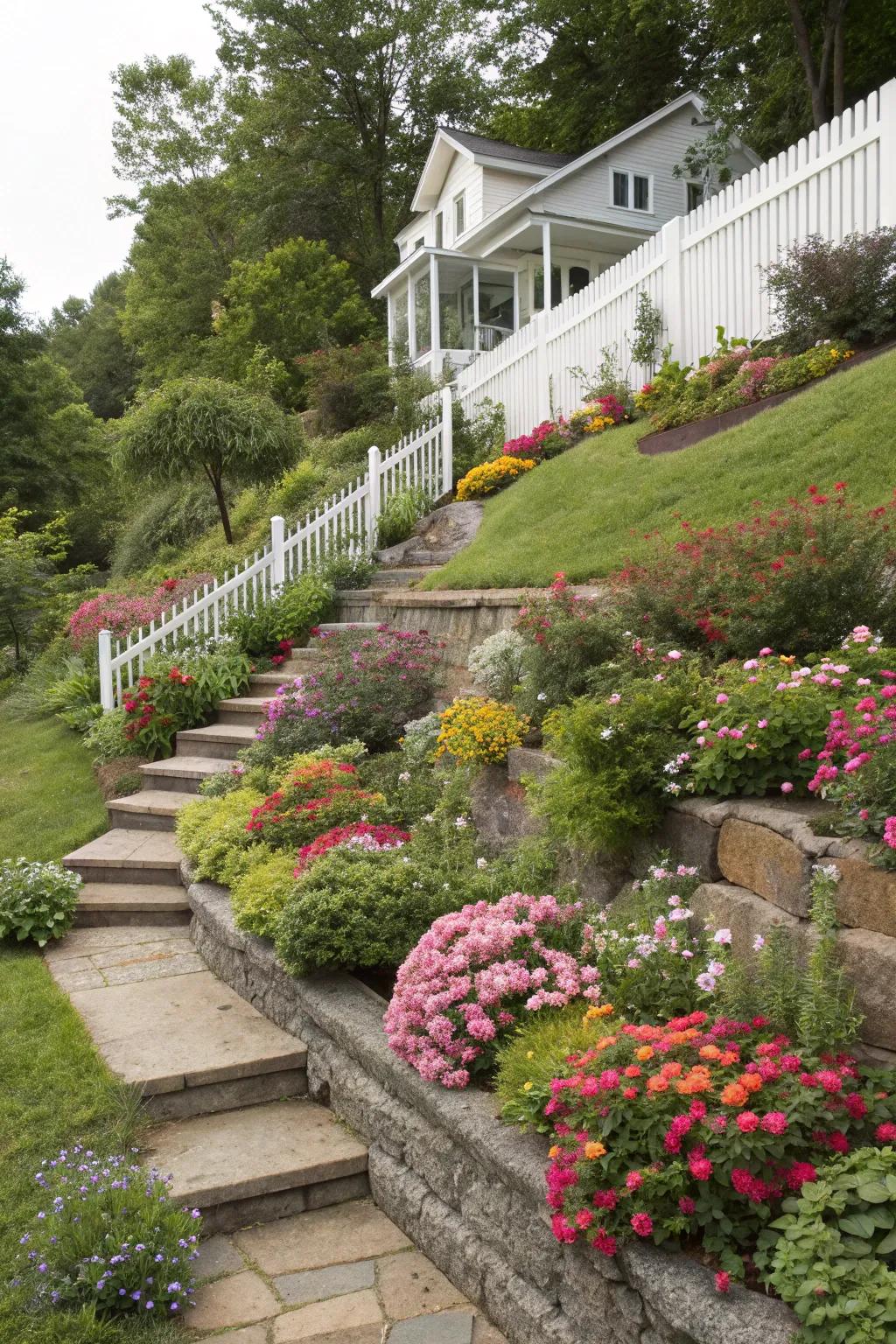 Terraced landscaping creates a dynamic and functional sloped front yard.
