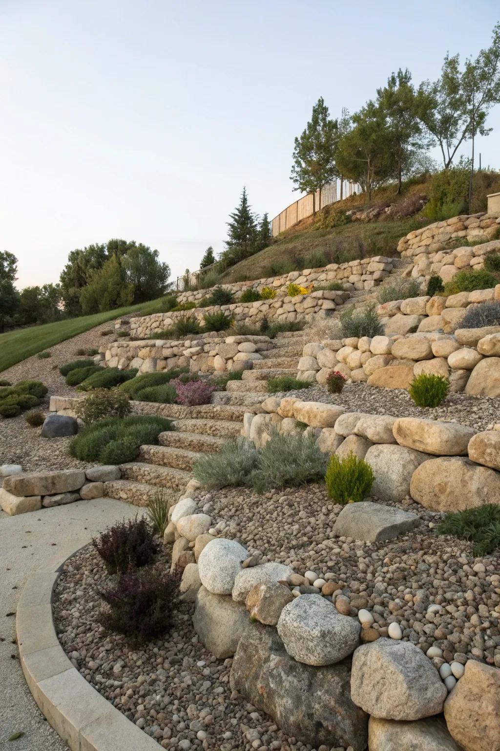 Natural stones form a terraced design on a sloped landscape.