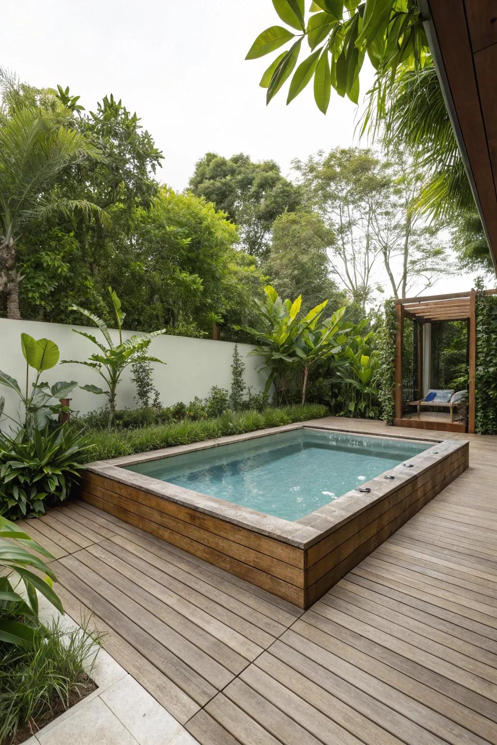 A welcoming above-ground pool enhanced by inviting wood decking.