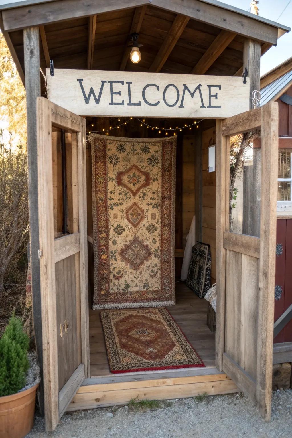 An attractive doorway featuring a classic floor covering and a painted welcome sign