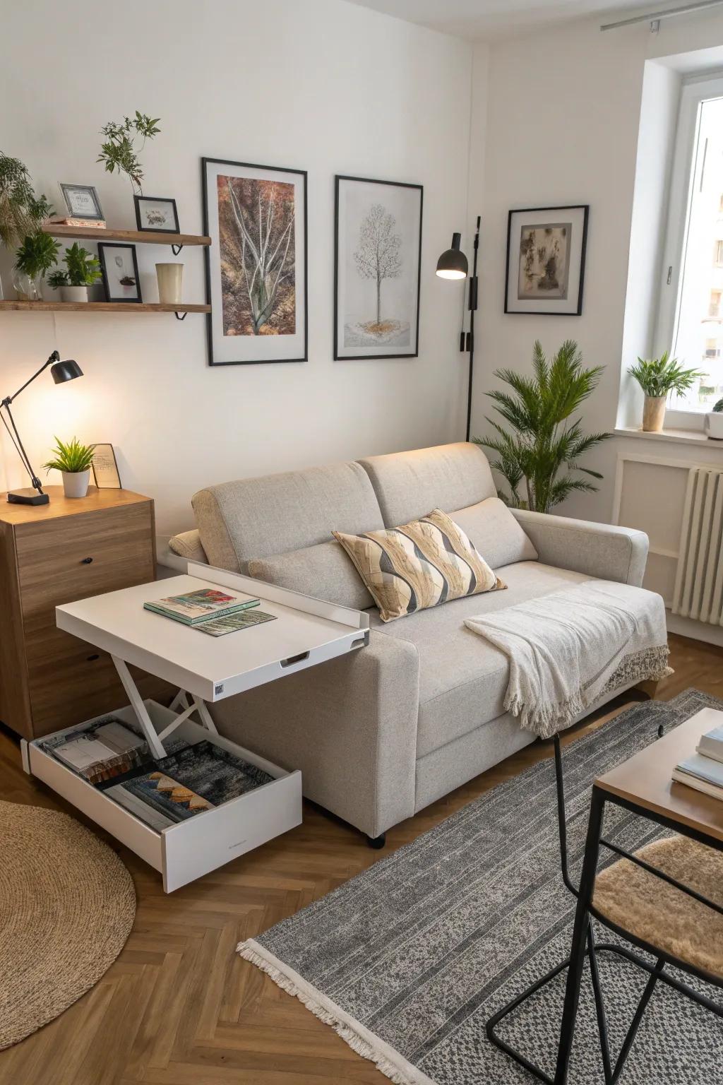 A sofa bed and a table that extends make the most of the available space in a small apartment.