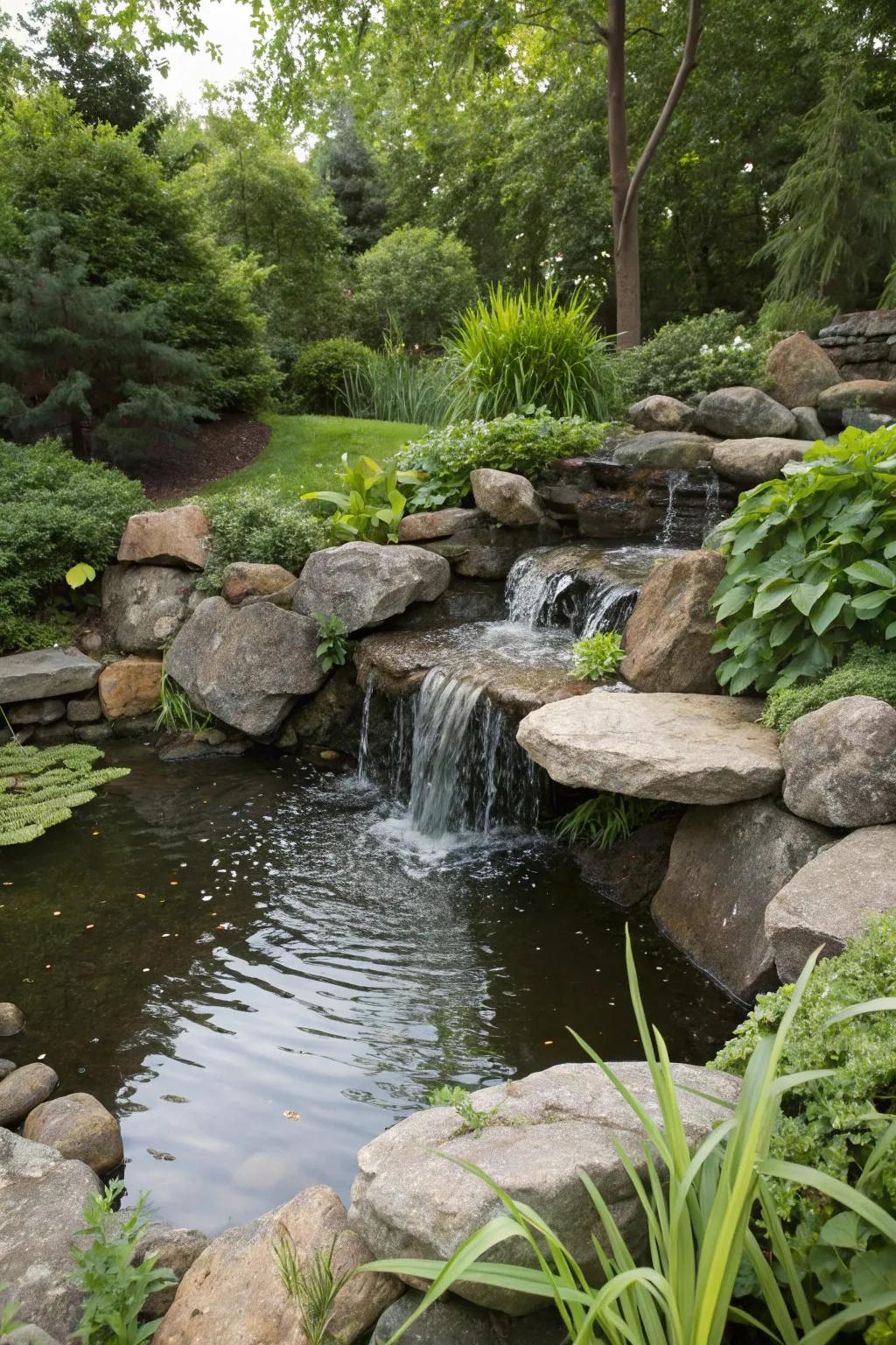 Design a mountain-inspired getaway with a natural stone cascade in your garden.
