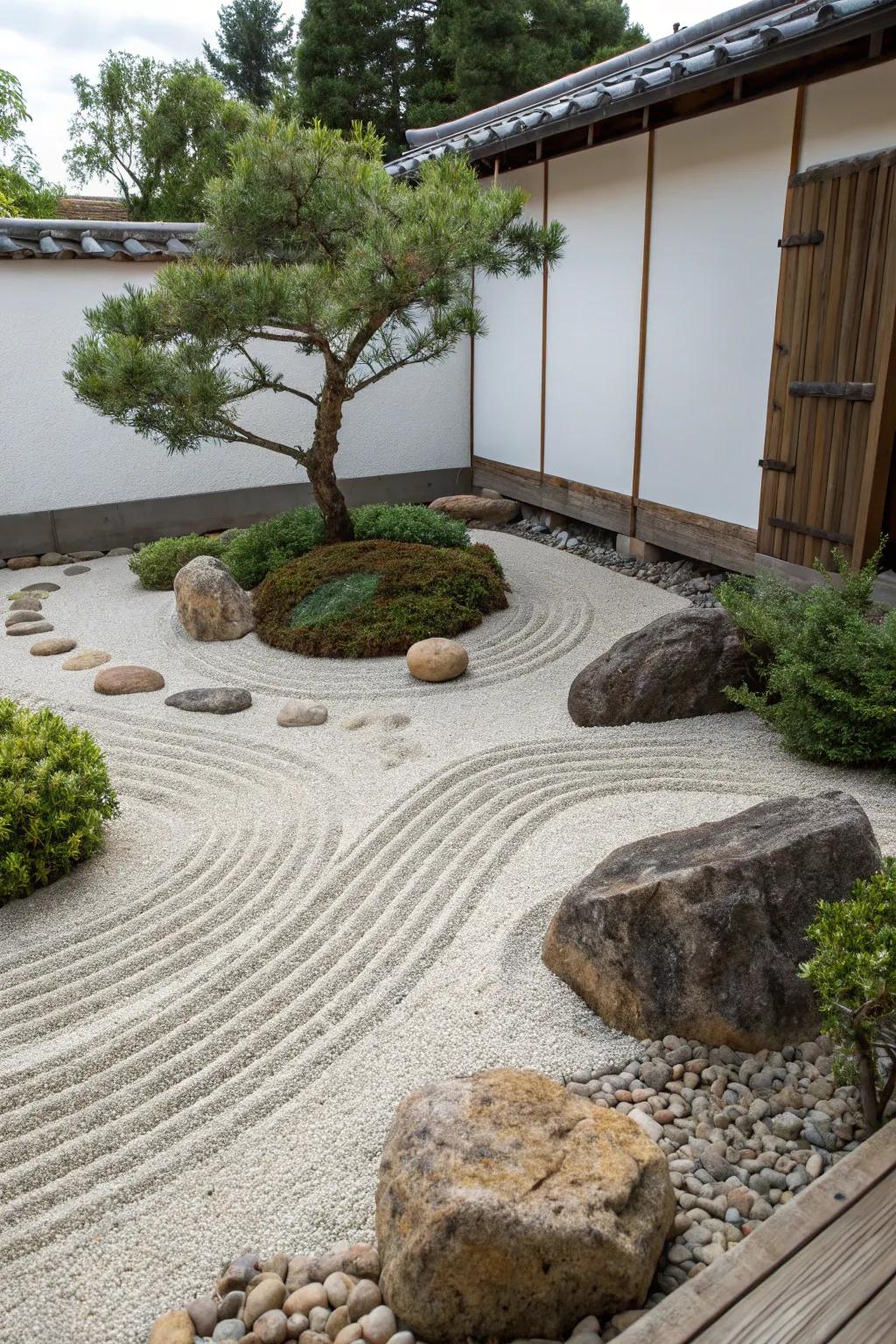 A compact zen garden showcasing artfully arranged stones and meticulously raked fine stones.