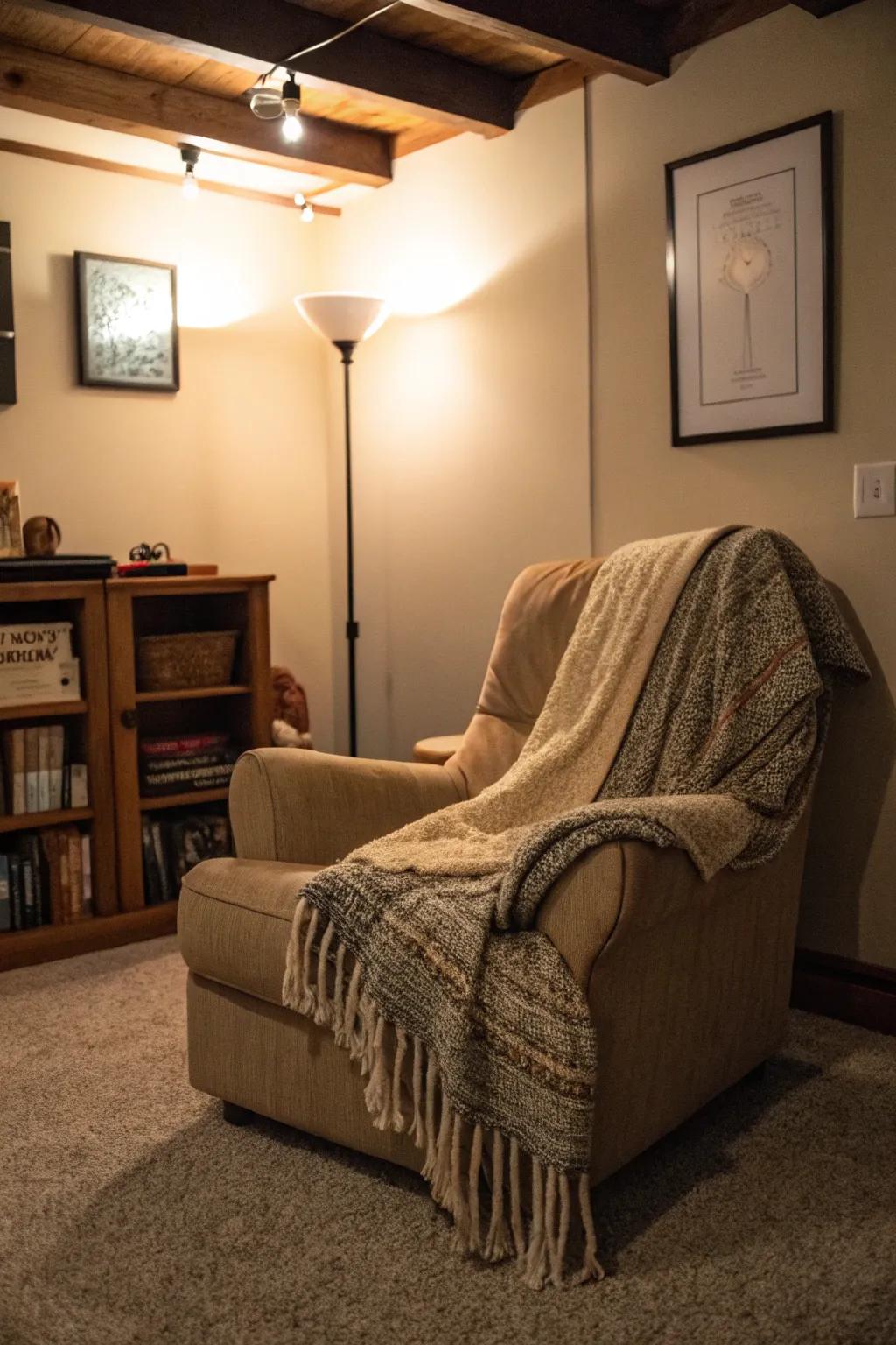 A comfortable corner perfect for reading and unwinding in your basement.
