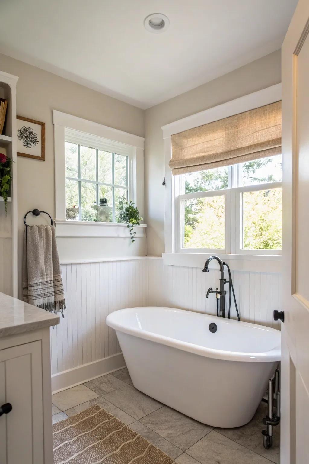 A smaller stand-alone tub brings luxury to a small space.