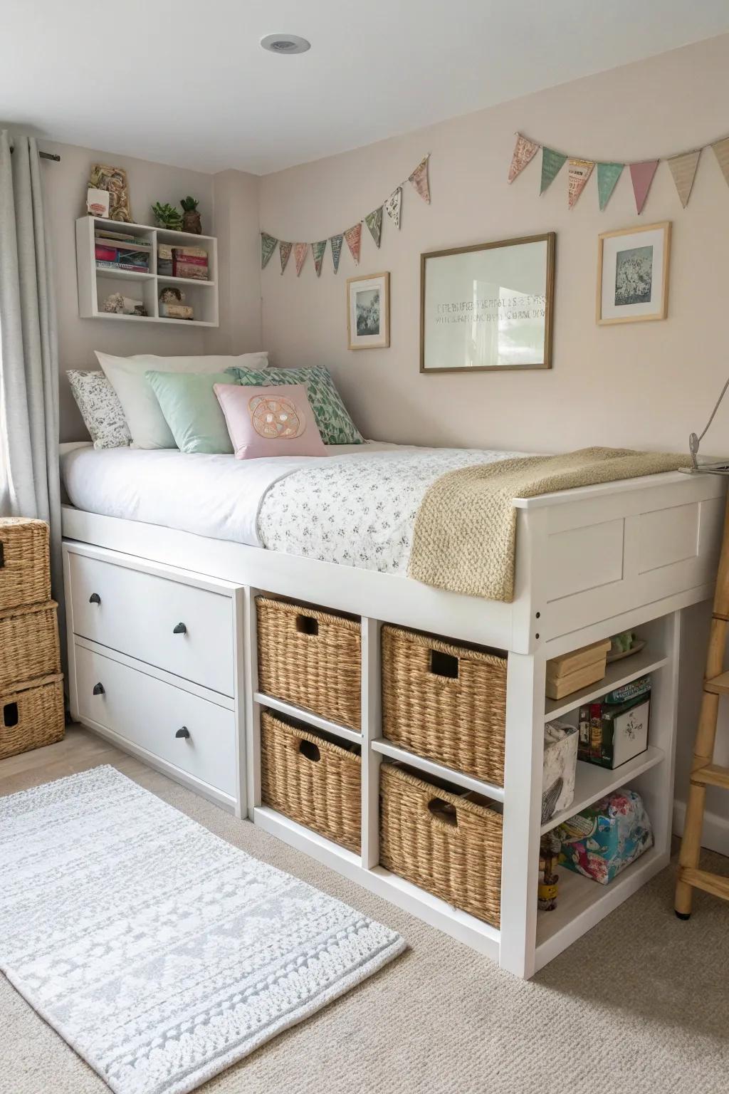 A compact bedroom showcasing a bed frame with drawers to maximize storage space.