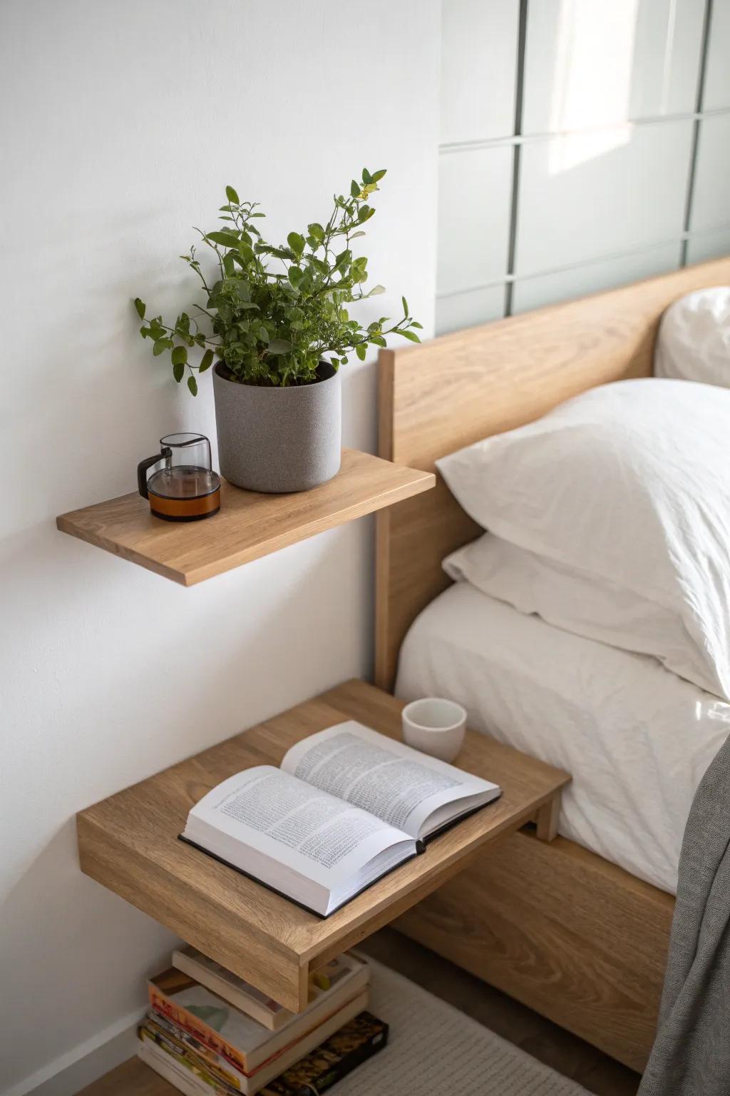 A wall-mounted ledge creates a streamlined and space-conscious bedside surface.